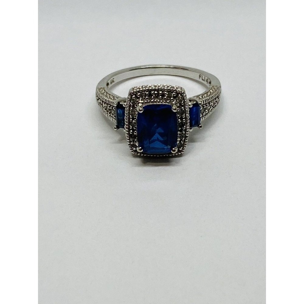 10k White Gold Blue Sapphire & Diamond Halo Ring Signed FLI Size 6.75 - Picture 9 of 12